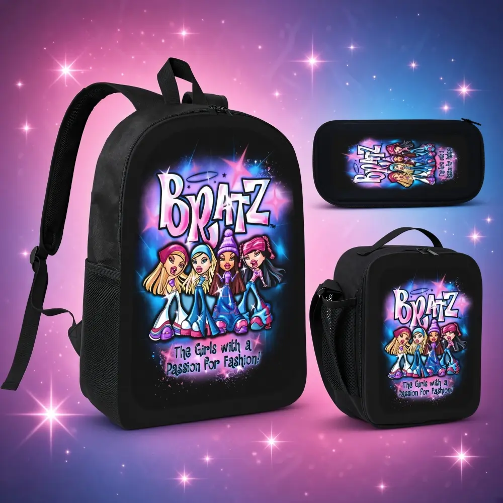 Bratz 3-Piece Girls' Backpack Set - 17in Oxford School Bookbag with Lunch Bag & Pencil Case, Galaxy Y2K Fashion Print Doll-Themed Trendy Gift Rucksack