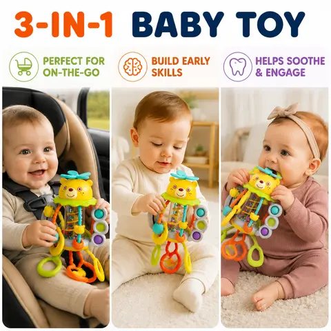 HOLA Baby Multi-Sensory Pull-Along Animal Rattle Teething Toy - Silicone Pull String Teether, Montessori Play Toy, Arm Strength Builder, Stress Reliever, Travel Item, Rain Sound Christmas Gift for 1-Year-Olds Toddlers (Baby Items)