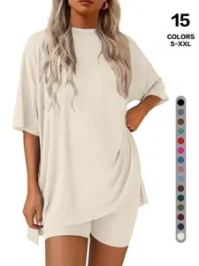 Women's Relaxed Tee & Fitted Shorts 2 Piece Set - Solid Minimalist Loungewear, Effortless Chic Home & Outwear Outfit