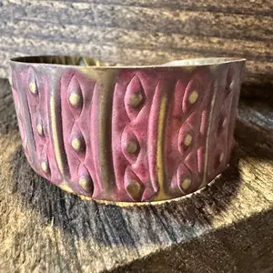 Handcrafted Artesian Boho Brass Patina Bracelet, Warm Red Dots & Lines, Adjustable, Gift Box