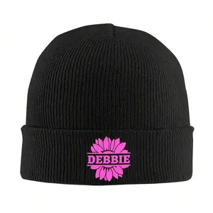 S&T 1pc Funky Floral Name Knit Beanie Hat - Windproof Warm Ski Hat For Men & Women, 100% Acrylic Stretchy Unisex Winter Cap With Pink Flower Design, Cold Weather Outdoor Sports Accessory