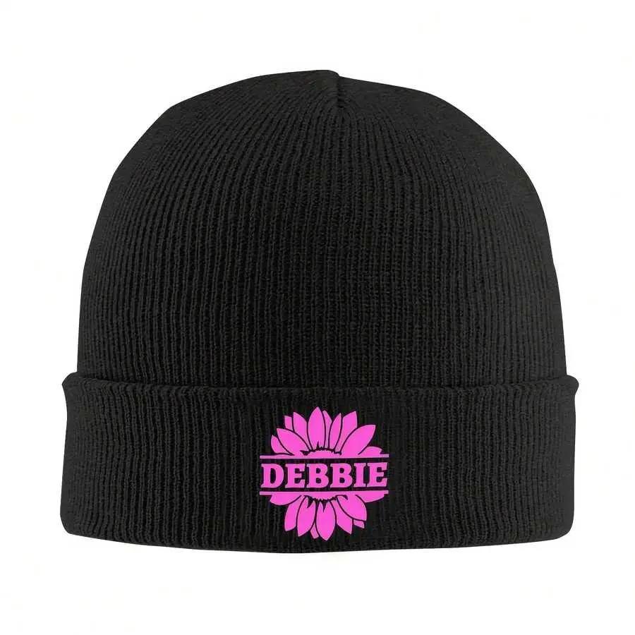 S&T 1pc Funky Floral Name Knit Beanie Hat - Windproof Warm Ski Hat For Men & Women, 100% Acrylic Stretchy Unisex Winter Cap With Pink Flower Design, Cold Weather Outdoor Sports Accessory