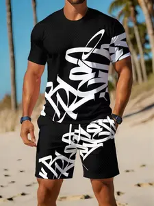 Men's Casual Sportswear Set, Sporty Casual Wear, Breathable Outdoor Tee and Short Pants, Summer Digital Print, Fitted H-Type, Geometric Pattern, No Collar