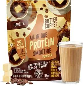 FlavCity All-in-One Protein Shake Powder, Butter Coffee Flavor, Grass-Fed Whey Protein with Collagen Peptides, Reishi & Cordyceps, 20 Servings