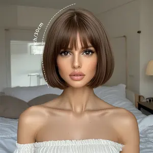 SMILCO/12-inch Cool Brown Short Synthetic Wig with  Bangs/SM7252