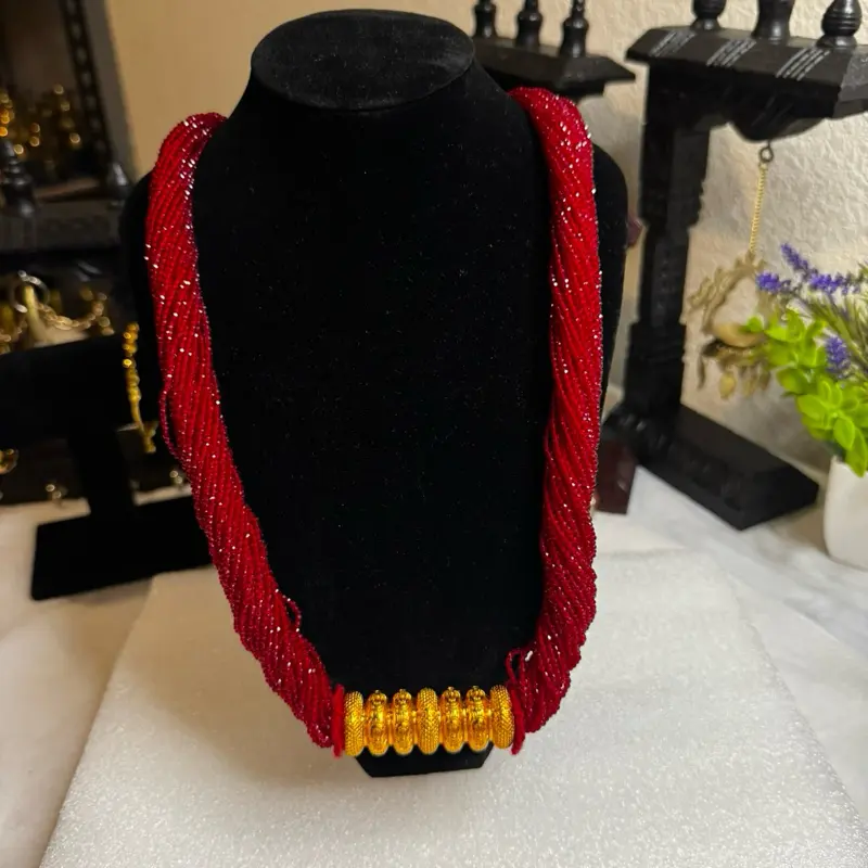 Nepali Traditional Necklace - Hydro Potey Plain Red with Golden Tilahari