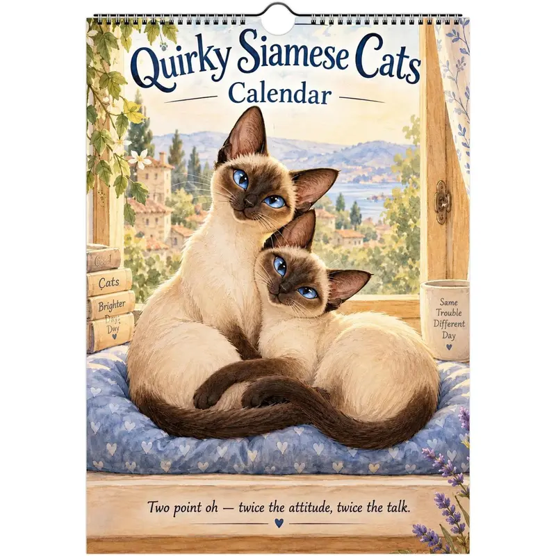 Siamese Cat Calendar 2027, Cute Cartoon Watercolor Wall Calendar ...