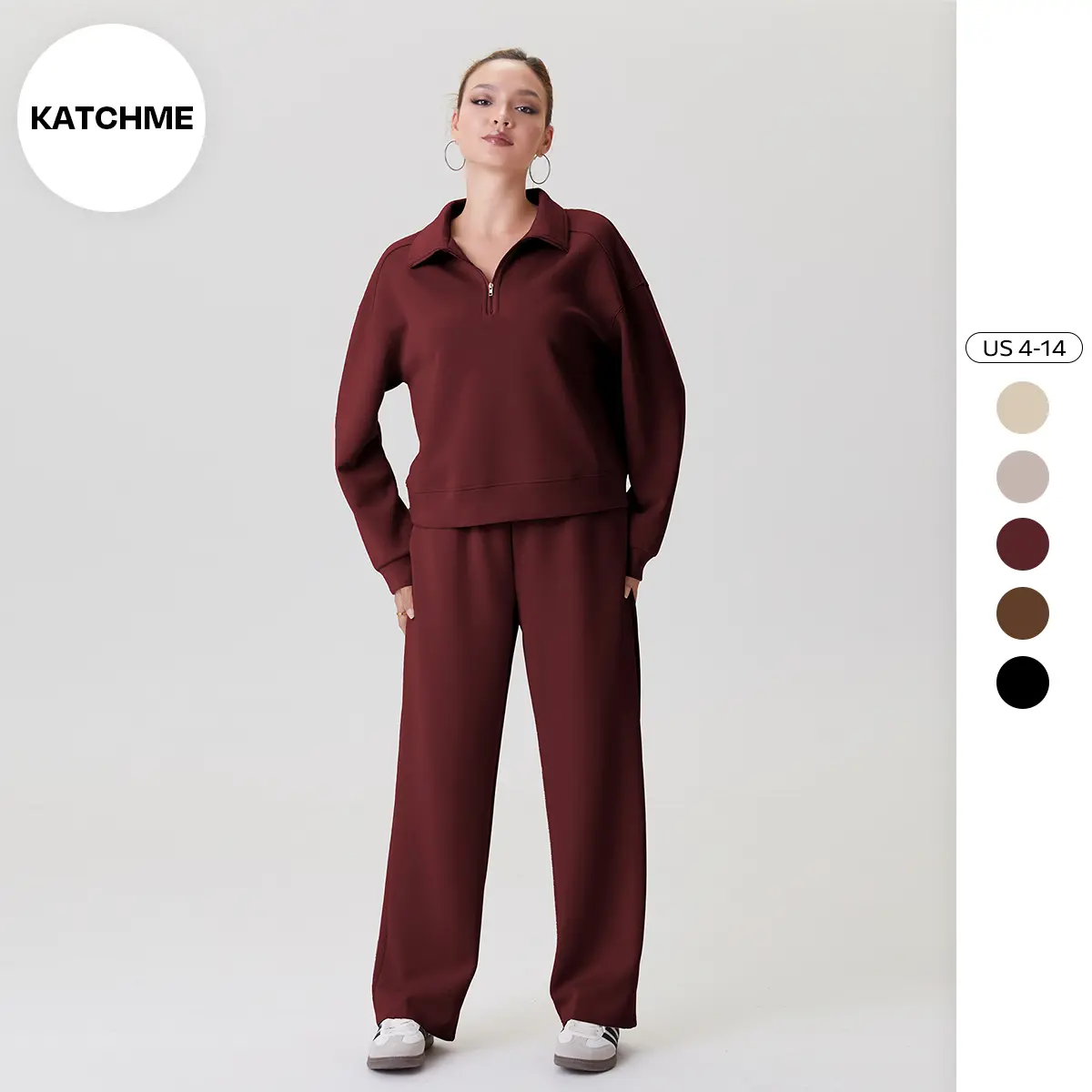 KatchMe Women's Casual Solid Color Partial Zipper Collared Long Sleeve Sweatshirt & Wide Leg Trousers Tracksuit, Loose Co-ord Set, Athletic Wear (2)