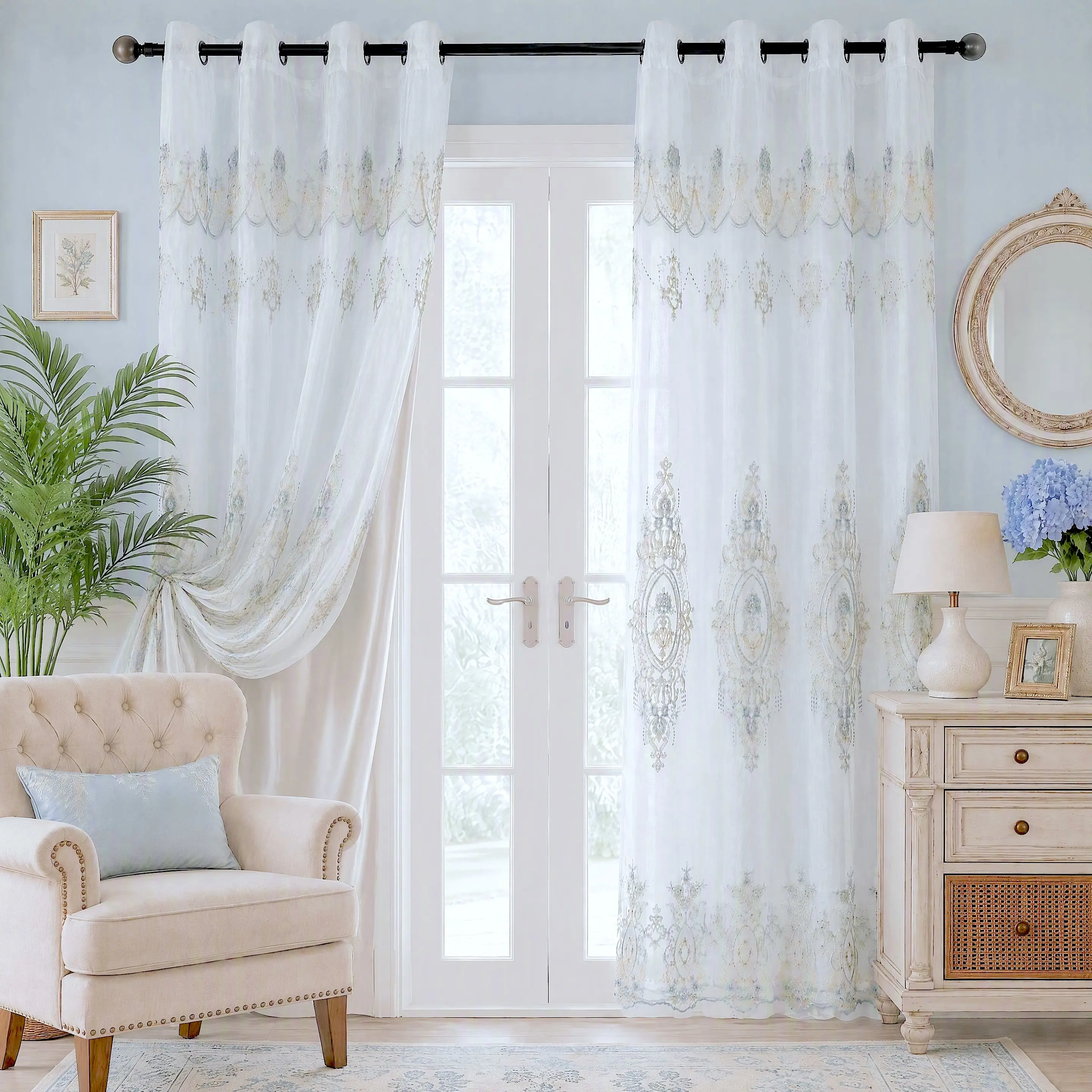 Double Layer Silver Cord  Embroidered Curtains 2 Panels Set 52x84 Inch with Matching Valance, Luxury Blackout Drapes with Satin Liner, 2 Designs Elegant European Grommet Window Treatment, Classic Decor for Living Room Bedroom Dining Farmhouse QF601