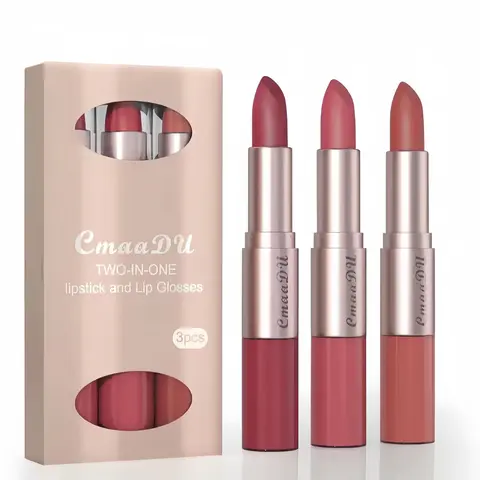 3 Pieces Long Wear Lipstick & Lip Gloss Set - 2-in-1 Hydrating Tinted Balm, Waterproof Stain, Glossy Lips, All Skin, Festive & Daily Occasions, Christmas Gift