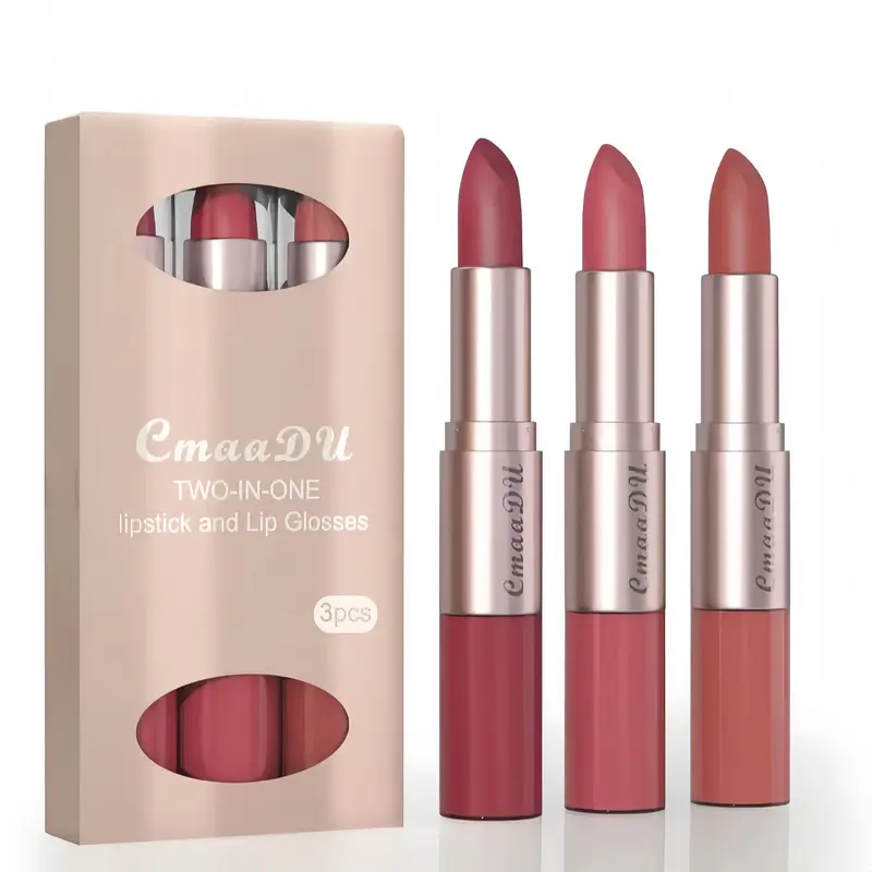 3 Pieces Long Wear Lipstick & Lip Gloss Set - 2-in-1 Hydrating Tinted Balm, Waterproof Stain, Glossy Lips, All Skin, Festive & Daily Occasions, Christmas Gift