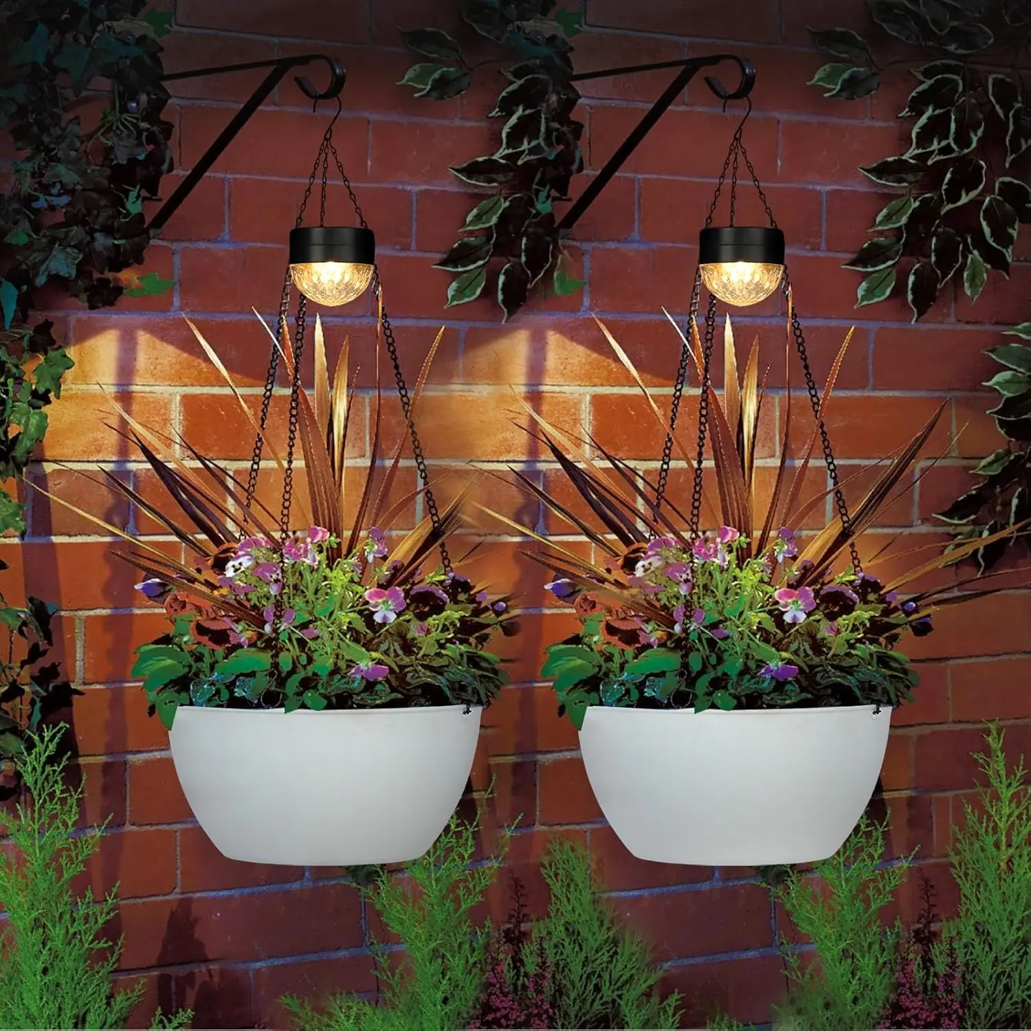 2-Pack Solar LED Light Hanging Planter Baskets - Self-Watering White Round Plastic Flower Pots & Planters with Drainer for Balcony, Patio, Garden Outdoor Decoration (28 Inches Tall)