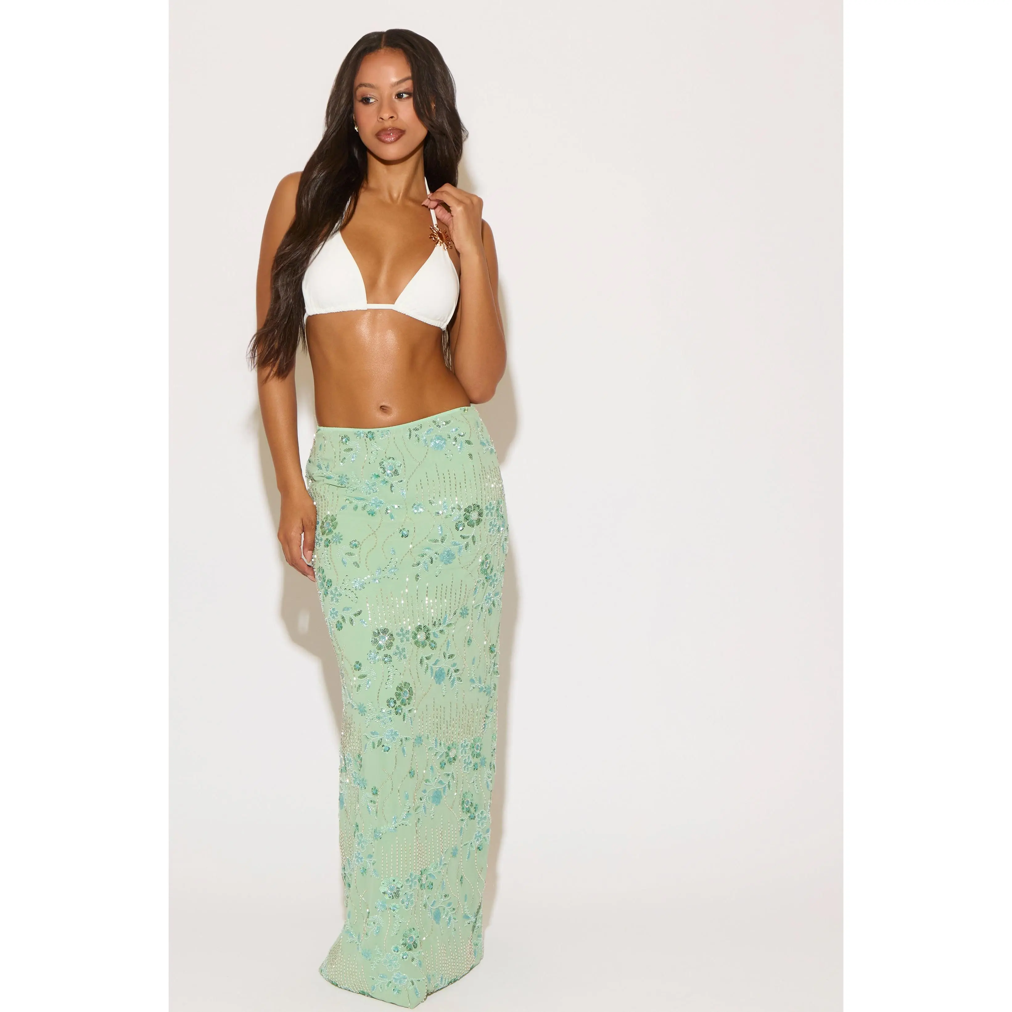 EMBELLISHED FLORAL & LINES MAXI SKIRT