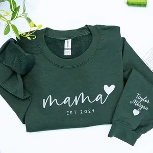 Custom Mama Heart Crewneck Fashion Casual Long Sleeve Pullover with Embroidered Name on Sleeve, Est. Year Option, Personalized Gift for New Mom or Grandma