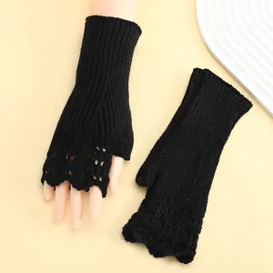 Knitted women's faux cashmere gloves, warm and soft, with a stylish extended lace design, suitable for students for writing, elegant and comfortable.