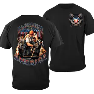 Backbone of America T-Shirt 2 Sides, Asphalt Paving Crew Graphic with Shovels & American Shield Emblem, Soft Cotton Blend T-Shirt, Industrial Worker Lifestyle Apparel for Men & Women, Backbone of America Gift