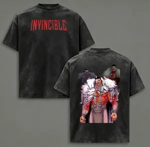 This vintage washed oversized tee is a must-have for every Invincible fan, featuring bold red “INVINCIBLE” lettering on the chest and iconic Omni-Man character art on the back. The distressed stone-washed finish gives it a retro streetwear vibe