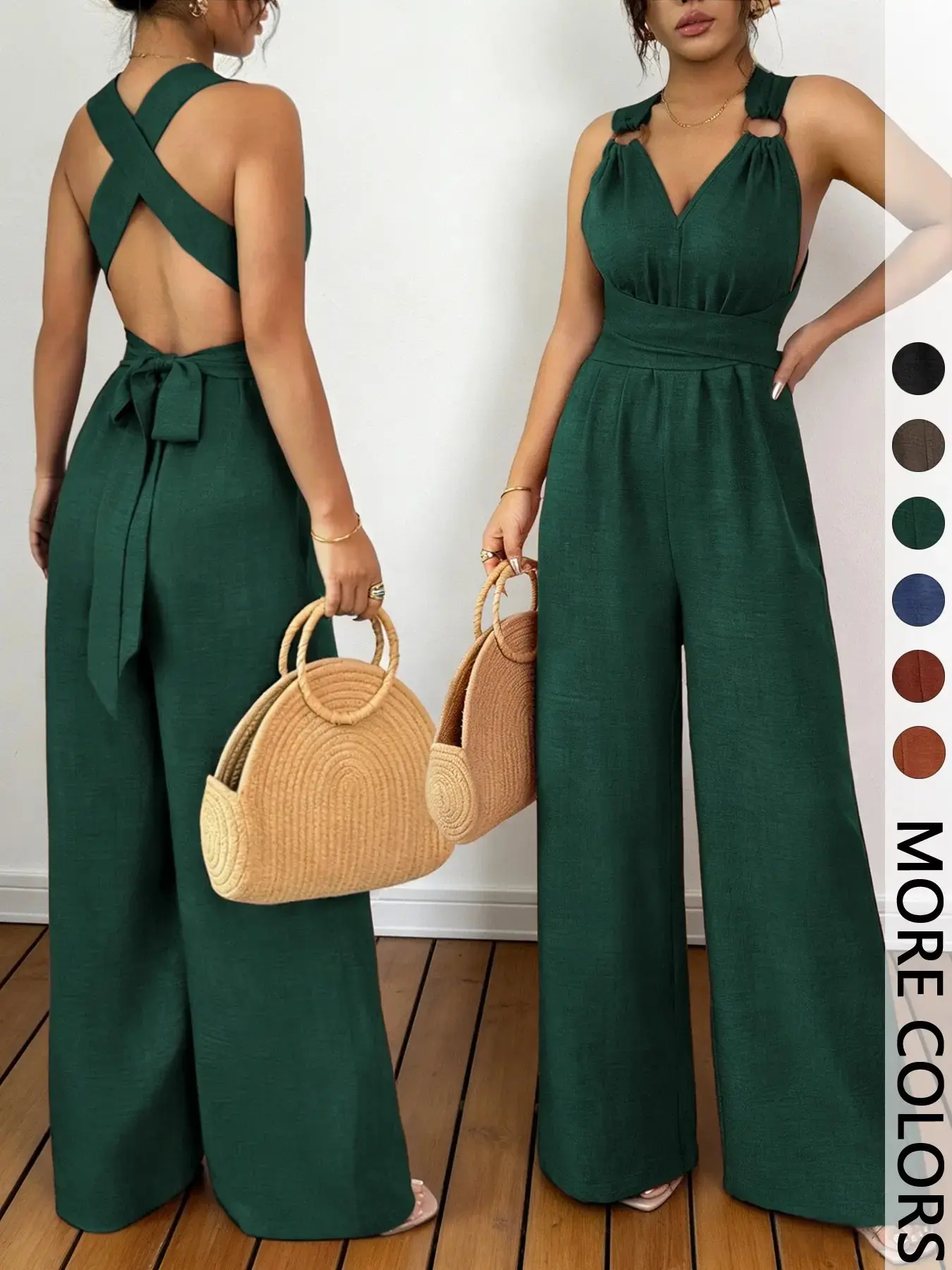 2026 Women's V-Neck Tie-Waist Wide-Leg Jumpsuit Romper Casual Summer Vacation Outfit Beach Streetwear Loose Flowy Pant