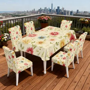 4/5/6/7pcs Floral Blooms and Leaves Chair Cover And Tablecloth Set, Easy Care & Setup, Perfect for Indoor Dining, Outdoor Picnics, Parties, Camping & Stylish Decor, Patio Chair Covers