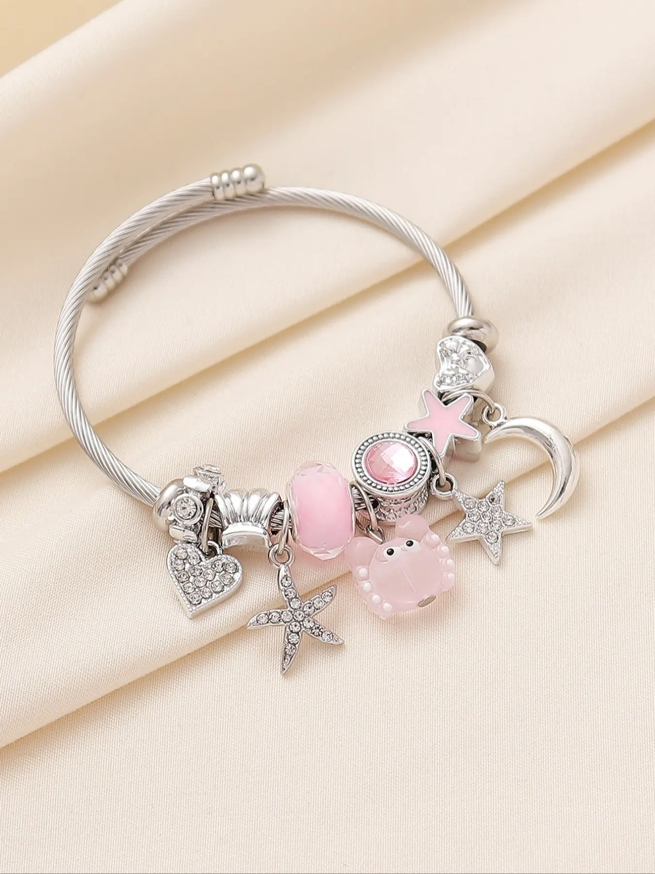 Elegant Oceanic Crab Starfish Pearl Stainless Steel Bracelet, DIY Beaded Wristband for Women, Holiday Gift, Party Accessory, Large Hole Bead Bracelet