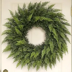 24" Real Touch Christmas Cedar Wreath Artificial Cedar Wreaths Faux Green Fake Pine Needles for Front Door Wall Windows Home Outdoor Xmas Decor chrismasgarland real touch greenery pick noble  fir  wreath artificial norfolk fresh  garland