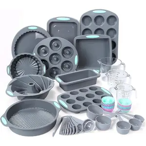 54 count  Baking Pans Set, 10  Cake Molds, Loaf Pan and Muffin Pans, Non-Stick Baking Cup, with Measuring Cups and Spoons Set, Grey