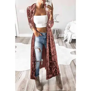 Open Front Long Sleeve Longline Velvet Cardigan