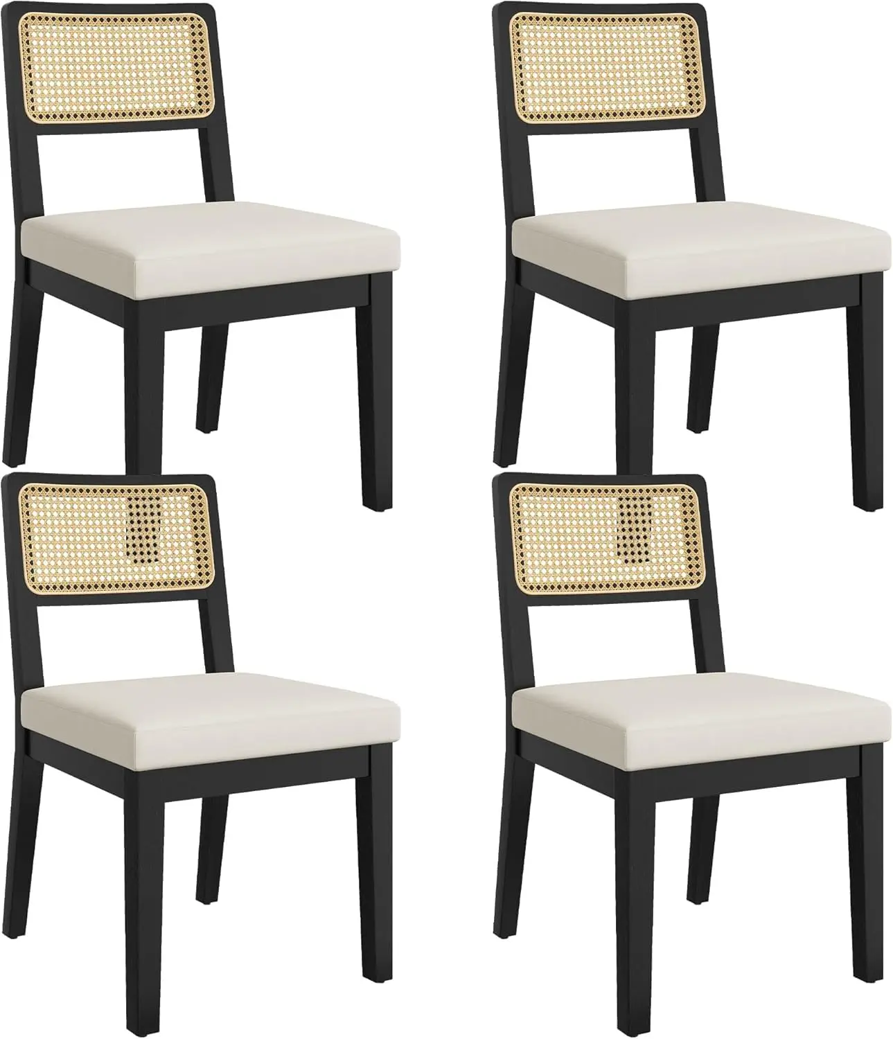 Garvee 4-Piece Armless Sturdy Rustic Rattan Dining Chairs - Ergonomic Backrest, Country-Mid-Century Style, Natural Wood Finish, Black, for Kitchen & Office, Assembly Required