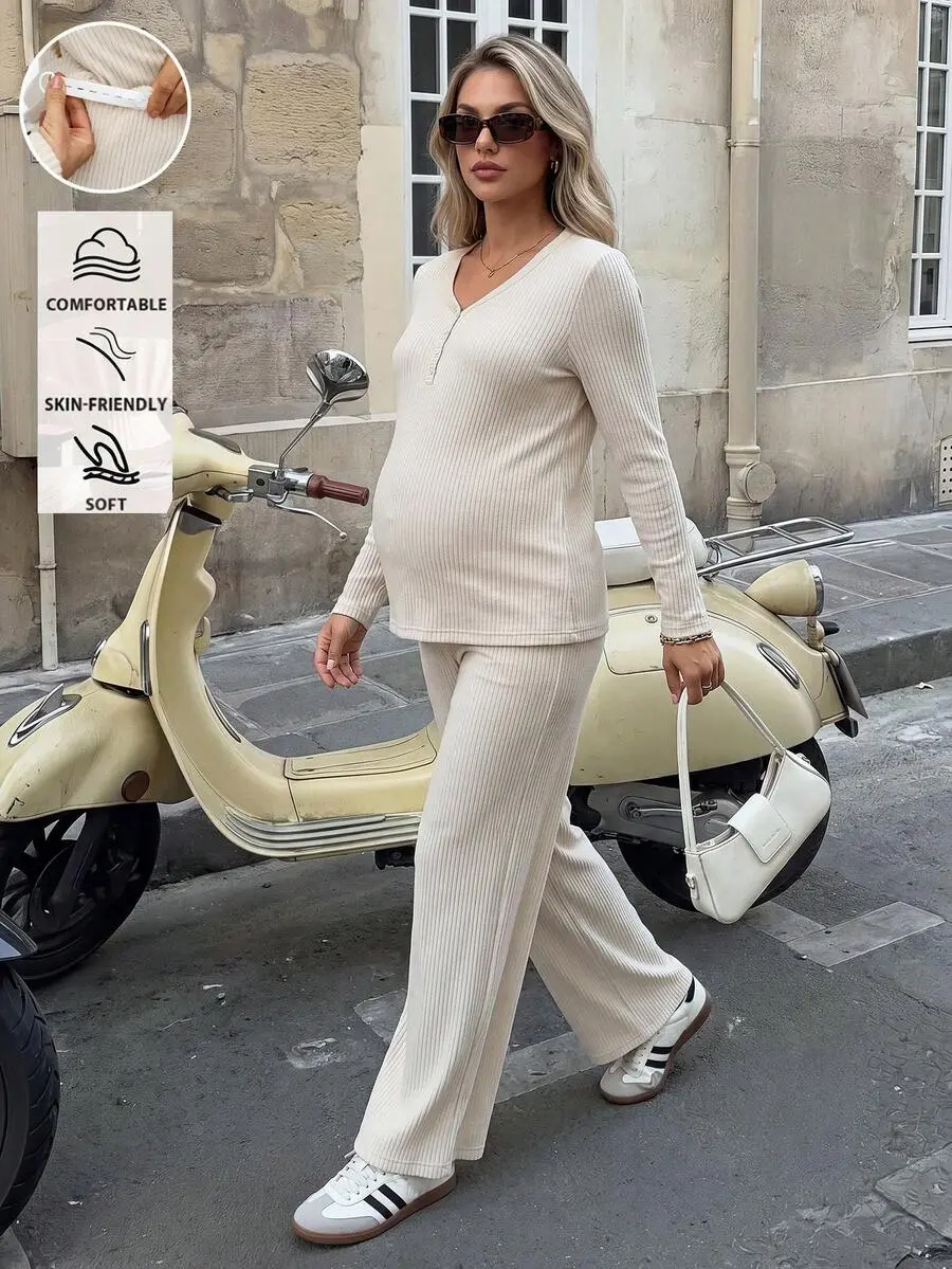 Maternity Ribbed Button Half-Placket Long Sleeve Top And Adjustable Waist Pants 2 Pieces Set