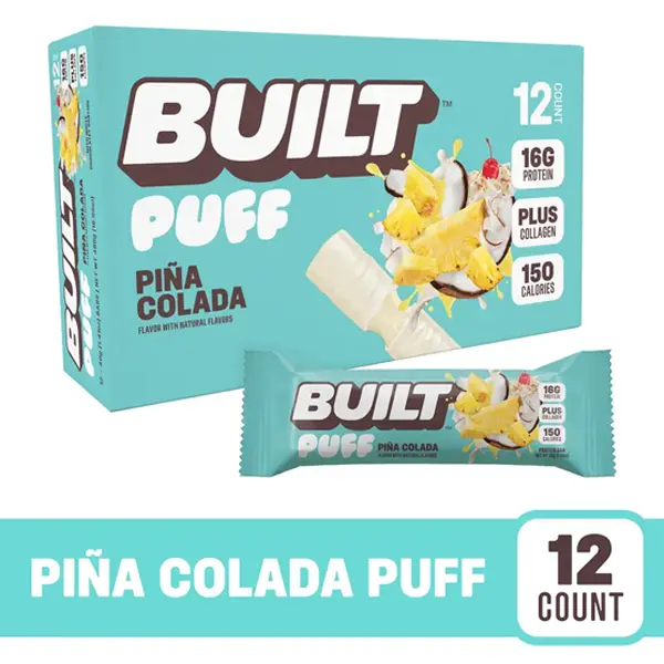 Official BUILT Bar, Puff Protein Bar Snacks, Piña Colada Puff, 16g Protein, 150 calories, Collagen, Gluten Free, Protein Packed Snack, 12 Count Box