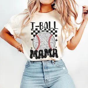 180g[100%cotton]Retro T Ball Mama T-shirt, Print Baseball T-shirt, Sports T-shirt, Tee Ball T-shirt, Baseball Mom, Gift For Mom
