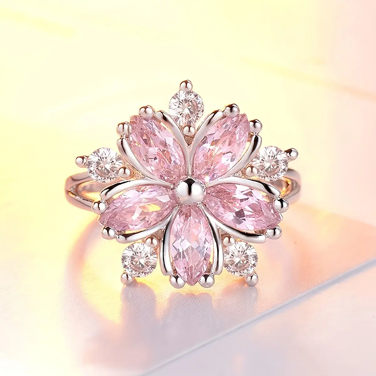 Anniversary Ring for Women, Elegant Pink Cherry Blossom Flower Design in Copper with Sparkling Synthetic Zircon, Elegant Rhinestone Ring, Flower Ring