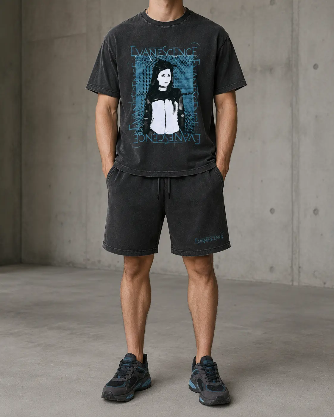 Evanescence Gothic Portrait Washed Short Set, ASICS GEL-NYC Graphite Grey Black Sneaker Match Outfit, Unisex Streetwear Set