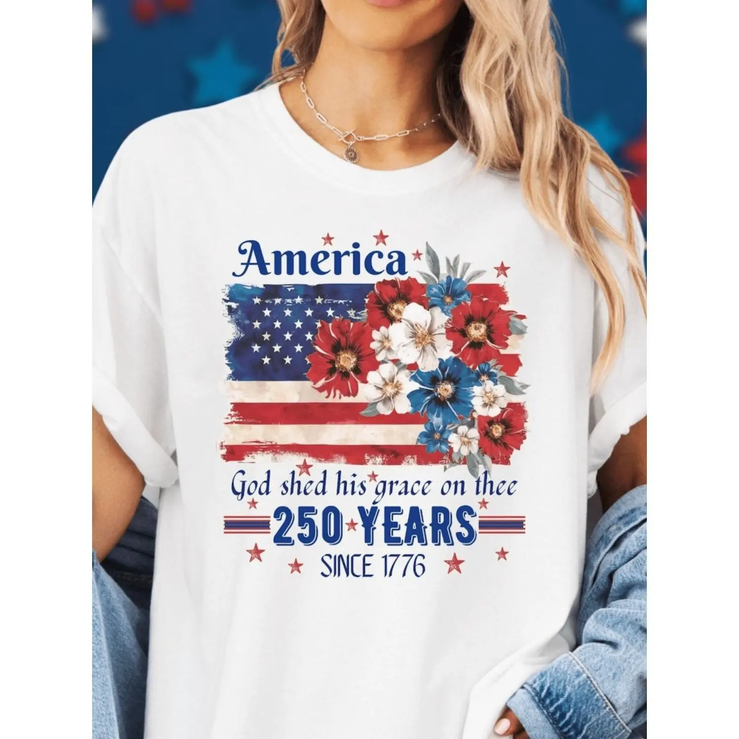 American 250th Anniversary Flag Flower T-Shirt Machine Washable Crew Neck for Valentine'S Day Birthday Gifts Mother's Day