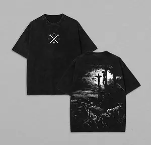 Men's Unisex Oversize Acid Washed Heavyweight Cotton Long-Sleeve T-Shirt - Jesus Cross Print, Double-Sided, Fitted, Casual, Everyday, Streetwear, Valentine Gift for Him/Her, Menswear Tops