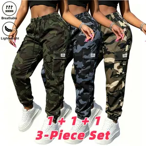 Women's Camouflage Sports Pants, Casual Outdoor Jogging Breathable Fitness Pants, Hiking Camping Multi Pocket, Elastic Waist Drawstring Design, Women's Work Pants 3pc Women's Clothing