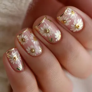 Spring Summer New Gold Stripe Flower Grass Fashion Nail Art, Elegant Heavy Petal Flower Nails, Medium Length Glossy Finish