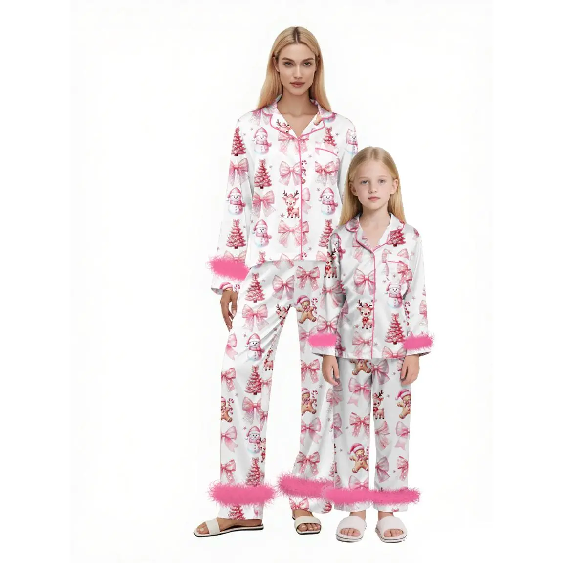 Mommy and Me Matching Pajamas Bow Deer Print Button Down Long Sleeve Lapel Tops Pants Family Sleepwear Cute Pajama,Cozy Pajamas