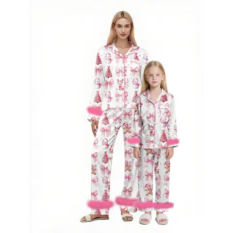 Mommy and Me Matching Pajamas Bow Deer Print Button Down Long Sleeve Lapel Tops Pants Family Sleepwear Cute Pajama,Cozy Pajamas