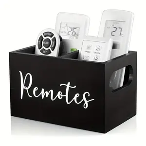 1 Wooden Remote Control Bracket, Classic Style, Opened Cover Type, Multi-Purpose Storage Box with 2 Compartments, for Living Room, Kitchen, Bedroom, Bathroom, Office Desk
