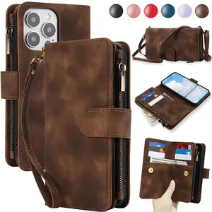 Zipper PU Leather Flip Wallet Design Phone Case with Card Slot, 1 Count RFID Blocking Phone Bag with Wrist Strap, Phone Accessories for iPhone