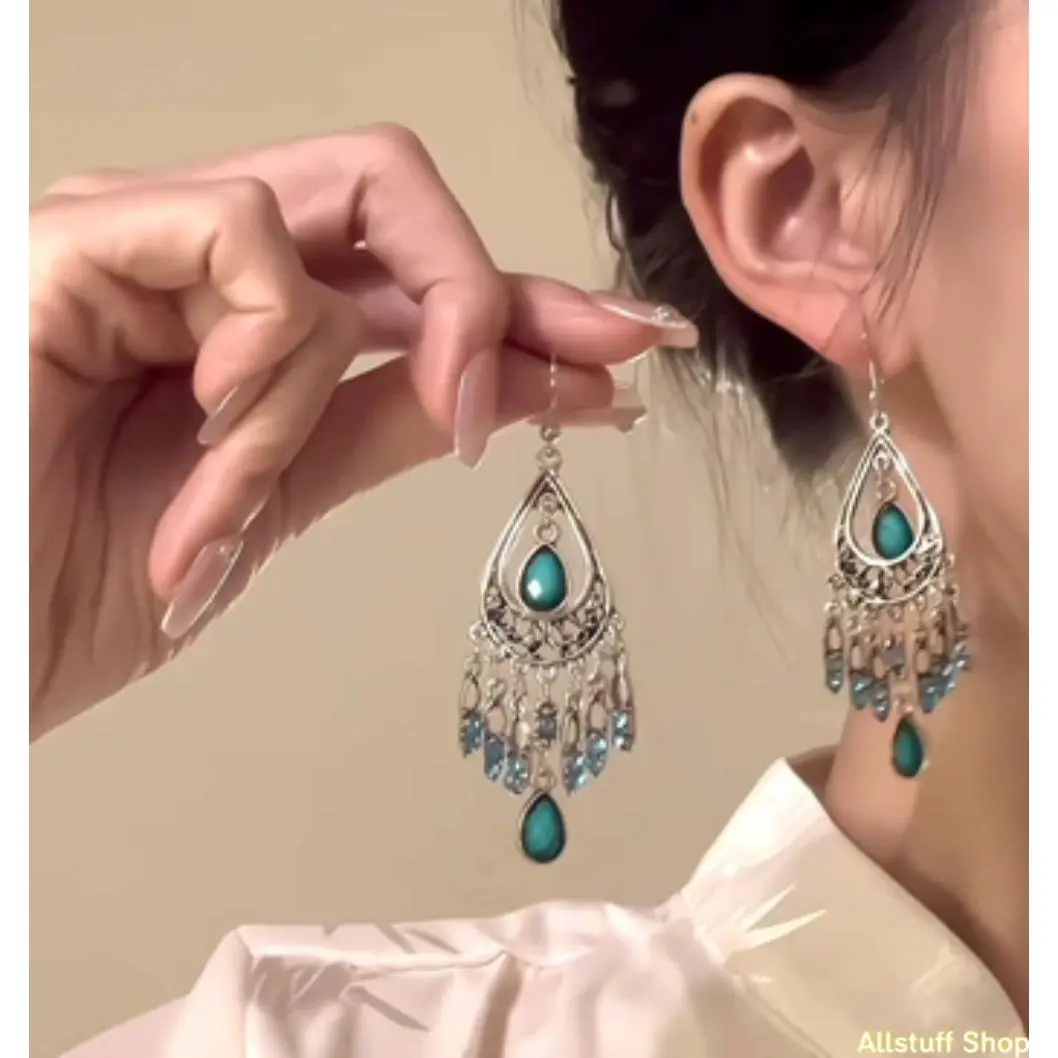 Women's Vintage Bohemian Dangly Earrings, Ethnic Metal Water Drop Statement Jewelry with Tassels for Holiday Parties