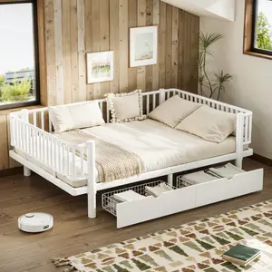 Full Size Platform Bed with Storage Drawers, Heavy-Duty Metal Daybed Frame with Upgraded Safety Round-Pipe Design, Low Profile Design, Noise Free, For Kids Girls Boys, White
