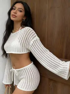 Sexy Fashion Lady Womenswear Long Sleeve Top Tie Up Shorts Set, Vacation Style Hollow Out Knit Short Bikini Cover-Up, Casual Fitted Matching Two-Piece