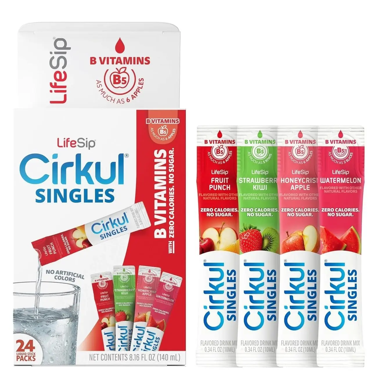 Cirkul LifeSip® Sugar Free Water Flavoring Clear Liquid Packets (24 Pack) - Fruit Punch, Strawberry Kiwi, Apple, Watermelon. No Sugar, Zero Calorie Drink Mix with B Vitamins, No Artificial Colors