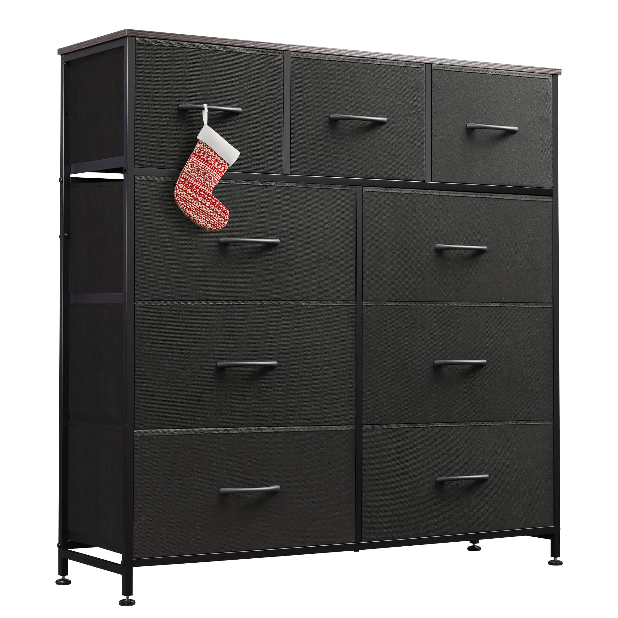 Fabric Storage Tower with 9 Drawers, Bedroom Drawer Dresser Organizer, Chest of Drawers with Fabric Bins, Steel Frame and Wood Top