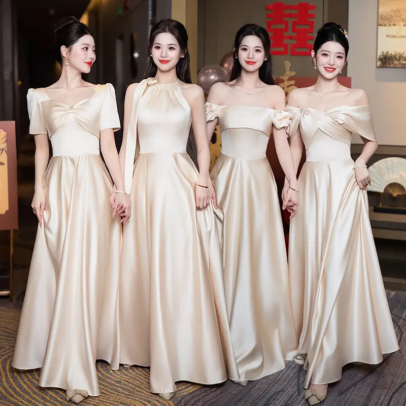 Women's 2026 High-End Champagne-Colored Long Style A Bridesmaid Dress - Slimming Cut, Elegant High Waist Floor-Length Evening Gown for Wedding Sister Groups, Normal & Plus Size Options