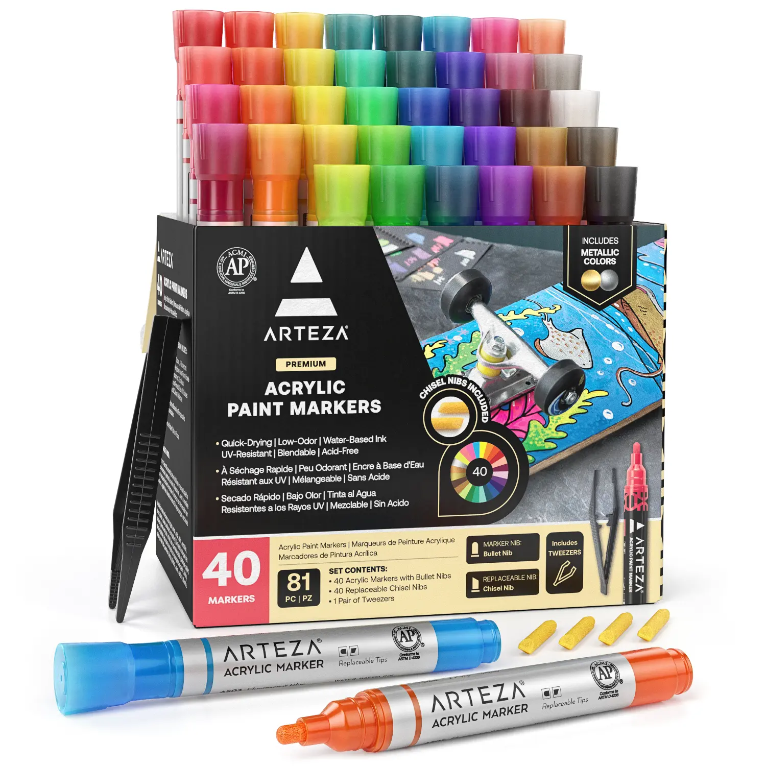 Arteza® Acrylic Markers Set - 40pc Dual-Tip DIY Painting Pens with Fade-Proof, Acid-Free Acrylic Ink, Replaceable Nibs, Art Supplies for Multiple Surfaces, ARTZ-9219