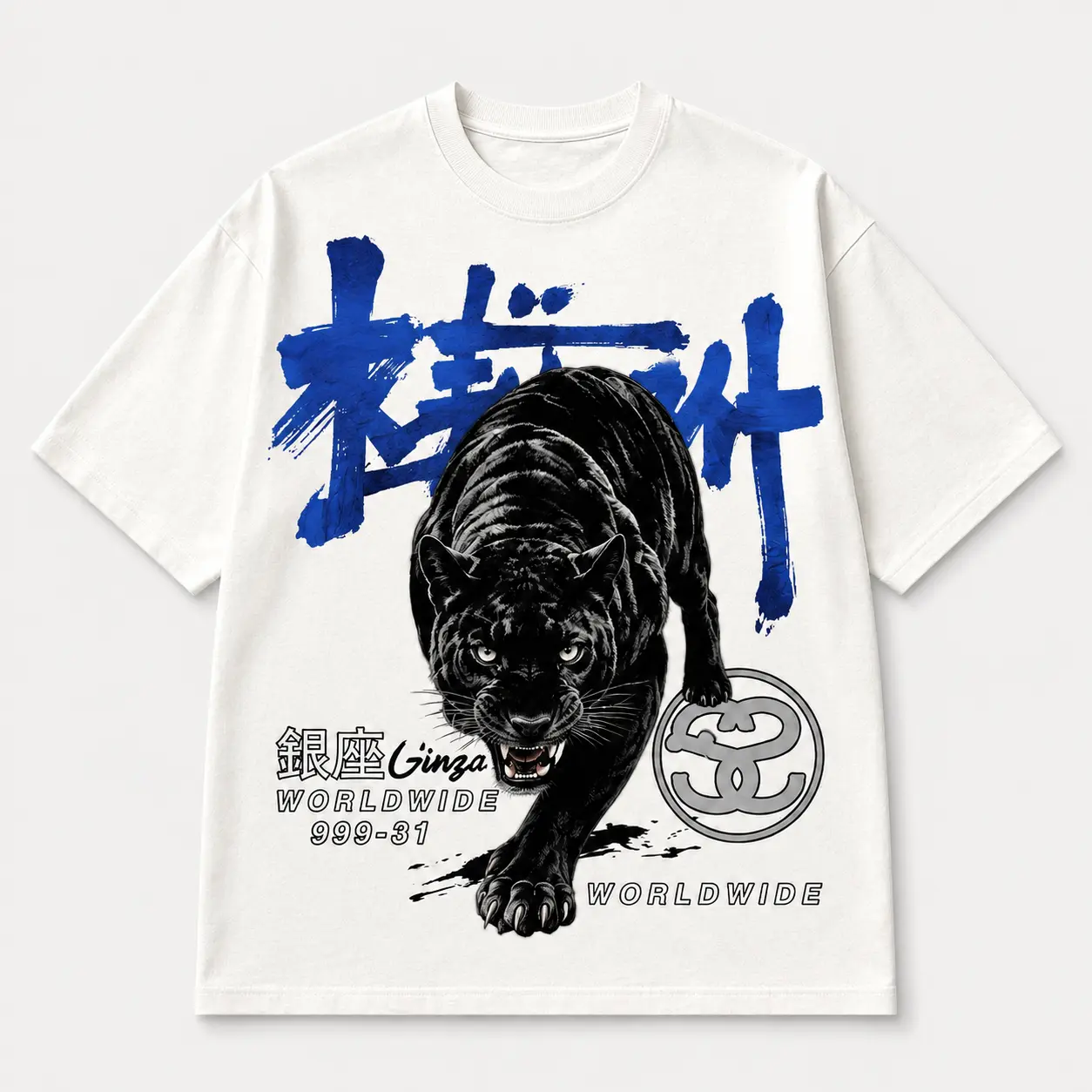 Unisex Black Panther Graphic Tee, Vintage Japanese Inspired Streetwear Shirt, Bold Animal Artwork Print T-Shirt, Oversized Casual Short Sleeve Top, Trendy Urban Fashion