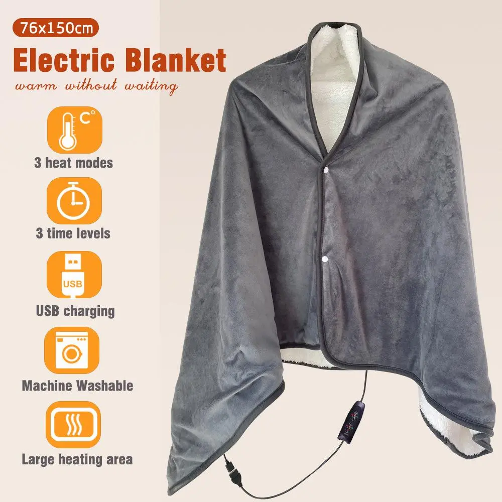USB Electric Heated Shawl Blanket Multifunctional Thickened Shoulder Warmer Blanket 3 Heating Settings Power Bank Heating Pad